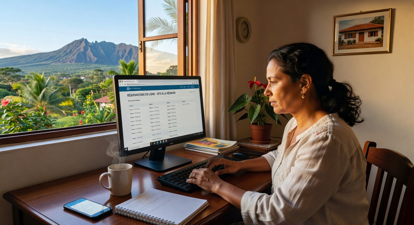 Propriétaire de gîte à La Réunion gérant ses réservations en ligne depuis son ordinateur